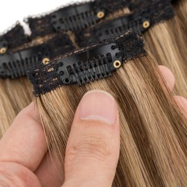 TESS Clip in Hair Extensions 100% Human Hair Lace Weft Natural Straight Add Volume 6 Pcs 6 Clips, 18 Inch, Chocolate Brown Mixed Light Brown