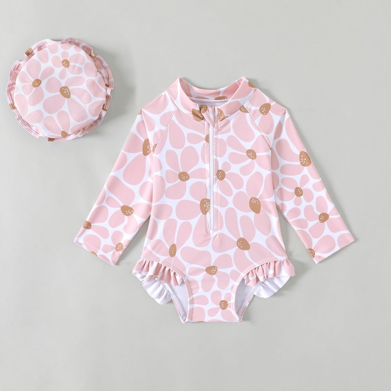 Goodplayer Baby Girl Swimsuit One-Piece Long Sleeve Rash Guard with