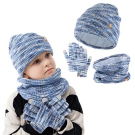 BSLVWG Kids Winter Beanie Hat Scarf Glove Set, Childern Winter Warm Knitted Set Thermal Cap with Neck Warmer Gloves Soft Hat Scarf Mitten for Girls Boys Toddler 2-8 Years Old Outdoor Sports (Blue)