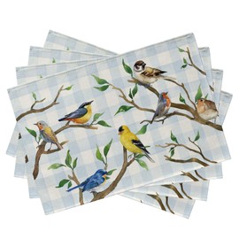 Seliem Spring Summer Birds Placemats Set of 4, Chickadee Goldfinch Robin Bluebird Nuthatch Sparrow Branch Dining Table Place Mats, Blue Plaid Check Farmhouse Kitchen Decor Home Decoration 12 x 18 Inch