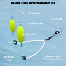 Luroad 6Pcs Double Reverse Fishing Hooks, Size 4, 6, 8, 10 Anti Tangle Fishing Hook Set, Double Hook Reverse Bottom Rig, Snag Resistant Split Hook, Pre Tied Surf Fishing Floats Tackle for Outdoor