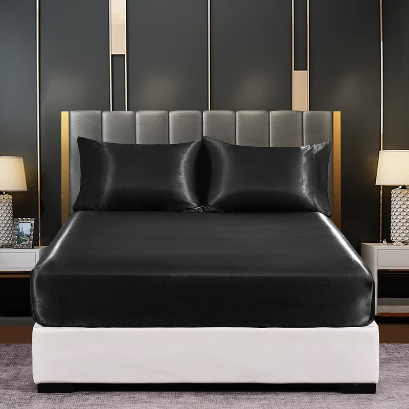 DuShow Fitted Sheet-Deep Pocket Satin Silky Bed Sheet,Breathable Soft and