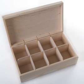 Wooden Decorative Box with 8 Compartments | 29 x 16.5 x 8 cm | Accessories Storage Case Tea Bag Sewing Jewellery Caddy Organiser Divided Sections| Natural Unpainted & Untreated Wood for Craft