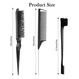 3 Pcs Slick Back Hair Brush Set - Double Sided Edges Brush, Rat Tail Comb & Bristle Hair Brush for Women, Hairdressers, Salon Styling (Black)