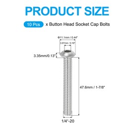 PATIKIL 1/4-20x1-7/8" Button Head Socket Cap Screws, 10 Pcs 304 Stainless Steel 18-8 Socket Cap Screw Bolts Allen Hex Drive Full Thread Fine Thread UNC
