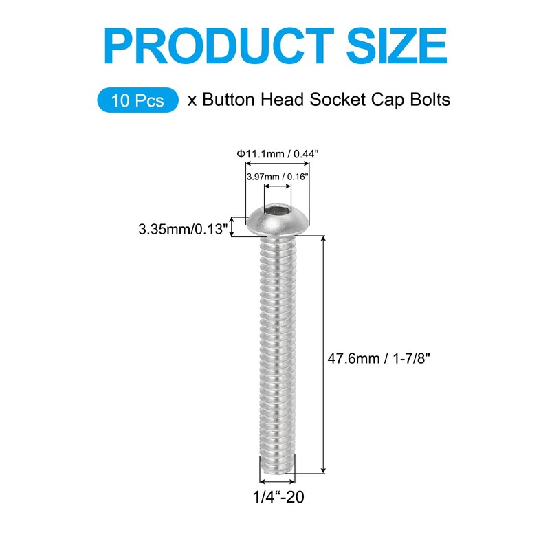 PATIKIL 1/4-20x1-7/8" Button Head Socket Cap Screws, 10 Pcs 304