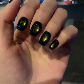ANDGING Short Cat Eye Press on Nails Square Black Green Fake Nails with Glue Acrylic Glitter Glue on Nails with Designs Classy Glitter Gel Manicure False Nail for Women Stick ons Nails for Wedding