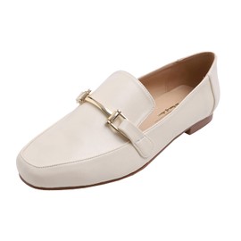 FEVERSOLE Women's Fashion Trim Deco Loafer Slippers Beige Plain PU Size 8.5 M US