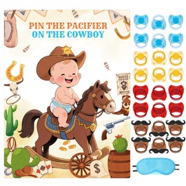 GLURUITE Pin The Pacifier On The Cowboy Baby Shower Game Include Large Poster 24 Pacifier Stickers Blindfold Game Set for Birthday Party Decor Supplies