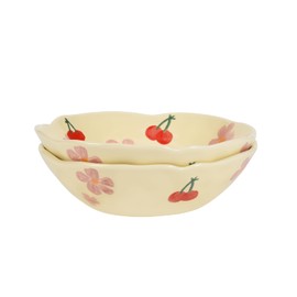 Koythin Salad Bowls Set of 2, Cute Cherry Flower Ceramic Bowls, Cream Yellow Serving Bowl for Pasta, Cereal, Fruit, Soup, Rice, Dishwasher and Microwave Safe (Cherry Set of 2)