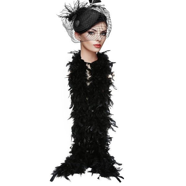 Black Feather Boa 6.6ft/2M Long,80g Natural Turkey Feathers Scarf Fancy Dress Colorful Fluffy Feather Boa for Girls Dancing Wedding Party Cosplay Halloween,Love Tour, Hen Night Accessory