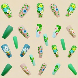 24Pcs Green Press on Nails Medium Coffin Fake Nails Matte Stick on Nails Spring False Nails with Flowers and Plants Design Glue on Nails Reusable Acrylic Nails Holiday DIY for Women Girls