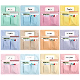 12 Pcs Chair Pockets for Classroom 13x14 inch Seat Sacks with Name Tag for Classroom Chairback Pocket Chart Multi Pockets K-2 Chairs Seat Back Organizer for Elementary School Home Supplies(Pastel)
