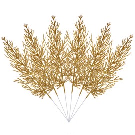 Felice Arts 6 Pack Artificial Flat Golden Glitter Pine Needles 13" Fake Christmas Picks Decorative Glitter Sticks for Vase Christmas Tree DIY Wreath Crafts Fireplace Decor