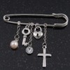 'Simulated Pearl, Cross, Lock&Key' Safety Pin Brooch In Rhodium Plated