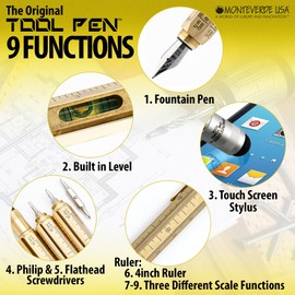 Monteverde USA 9-in-1 Tool Fountain Pen in Brass – Stub Nib, Hand-Machined Multifunctional Pen with Stylus, Screwdrivers, Level, and Ruler – Exclusive Collection, Ideal Gift for Calligraphers