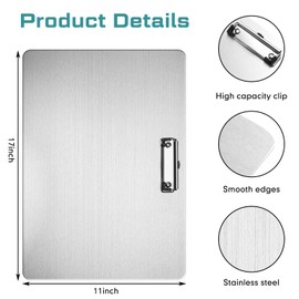 2 Pack Metal Clipboard 11 x 17 Inch Horizontal Stainless Steel Clipboard for A3 Size Paper Landscape Drawing Non Magnetic Clip Board for Sketching Supplies Office School