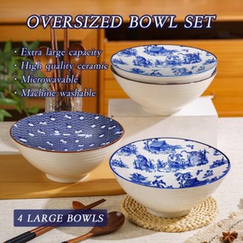 ALJU 42 Oz 8-Inch Ceramic Deep Soup Bowls Set of 4 - Kitchen Essentials for Cereal, Salad, Pasta, Oatmeal, Ramen - Porcelain Dessert Bowls, Microwave & Dishwasher Safe