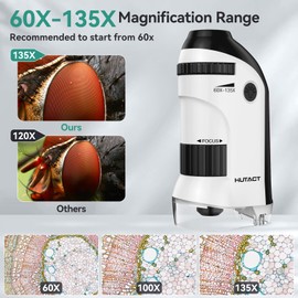 Pocket Microscope for Kids Portable Miniscope: 60-135X Mini Microscope with 5 Prepared Slides - Science Education and Nature Exploration Gifts for Boys Girls 6 7 8 9 10 11 12 (White)