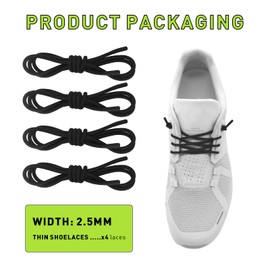 2 Pairs 1/10" (2.5mm) Elastic Thin Shoe Laces, Stretch Round Shoelaces Shoe Strings Replacement for On Cloud Sneaker,Shoe Laces Tieless, No Tie Shoe Laces for Adults and Kids (Black 03, 28''/70cm)