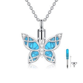 HUKKUN Butterfly Urn Necklace Sterling Silver Turquoise Butterfly Urn Necklaces for Ashes Urn Jewelry for Ashes for Women