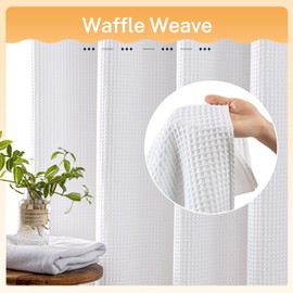 River Dream White Fabric Shower Curtain Set, Cotton Blend, Waffle Weave, with Snap in Replacement Liner，71 x 74 inches