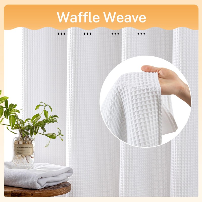 River Dream White Fabric Shower Curtain Set, Cotton Blend, Waffle