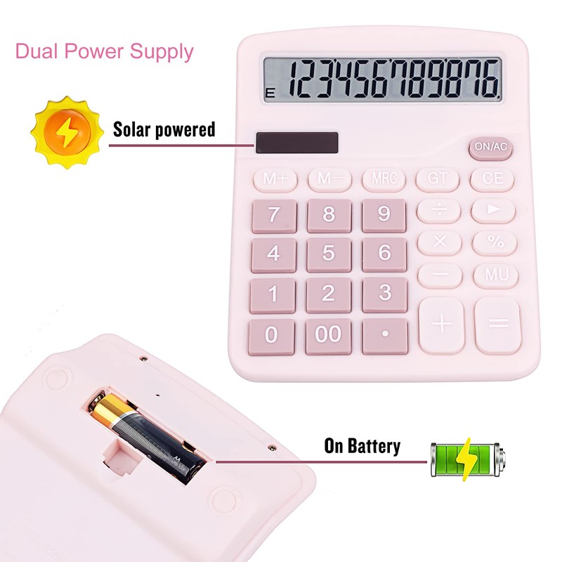 DANRONG Cute Pink Desktop Calculator with Big Buttons, Dual Power