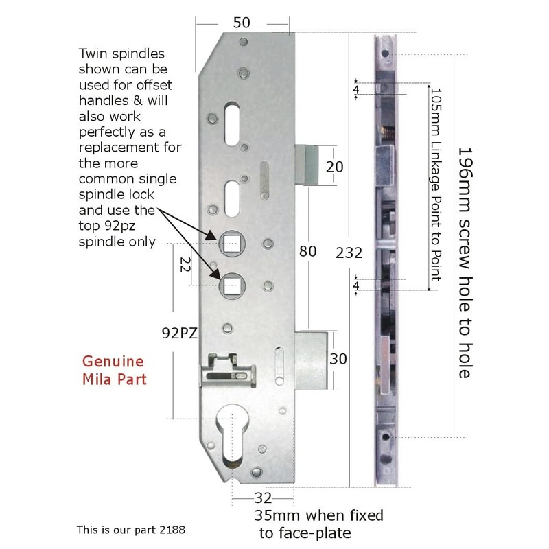 Mila Door Lock Case Gear Box 35mm Backset Twin Spindle