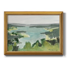 Renditions Gallery Minimalist Landscape Wall Art Blue Lake and Green Forest Abstract Painting Modern Home Décor Artwork Gold Framed Canvas Prints Wall Decorations for Bathroom and Kitchen 20x28 Inch
