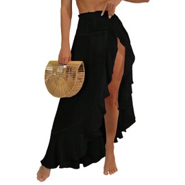 ZAFUL Women's Beach Cover Ups High Split Ruffle Trim Bathing Suit Shirred Pleated Waistband Swim Maxi Skirt Black L