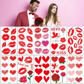 83Pcs Valentine's Day Lips Kiss Heart Temporary Tattoo Stickers Red Love Rose Waterproof Fake Tattoo Decals for Women Girls Man Valentines Face Stickers Themed Decorations Supplies