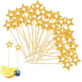 Cocktail Sticks, 100 PCS Cocktail Sticks for Food, 5.5 Inch Gold Hollow Star Wooden Picks, Fancy Coctail Picks for Appetizers, Charcuterie, Sandwiches, Burgers, Fruit, Drinks, Party Deco