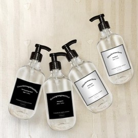 Soifenspend Plastic, Set of 4 Soap Dispensers 300 ml with Labels, Pump Bottles Set Bathroom, Shampoo Bottle (300 ml Transparent)