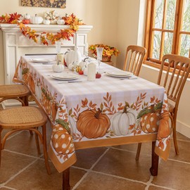 Romanstile Fall Tablecloth Rectangle, Thanksgiving Autumn Harvest Pumpkin Buffalo Plaid Table Cloth, Stain Resistant Washable Table Cover for Party/Dining/Holiday- Orange Checkered, 60x 84 Inch