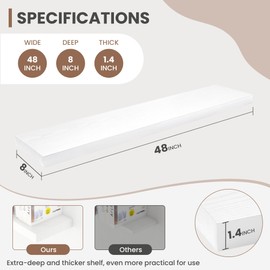 Acovy 48 Inch Floating Shelves, 8 Inch Deep Floating Shelves for Wall, Hanging Shelf with Invisible Brackets, Deep Shelves for Bathroom, Bedroom, Living Room, White, Set of 1