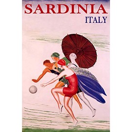 WONDERFULITEMS Sardinia Italy Summer Beach Happy Women Playing Ball Sun Umbrella Travel 12" x 16" Image Size Vintage Poster repro Canvas Rolled up. We Have Other Sizes