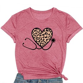 COMIZI Nurse Shirts for Women School Nurse Stethoscope Heart Print Tshirt Nursing Week Tee Tops Pink