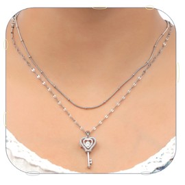 Silver Necklace Layered for Women Dainty Silver Heart Key Necklace Chain Stack Statement Trendy Hypoallergenic Necklace Jewelry