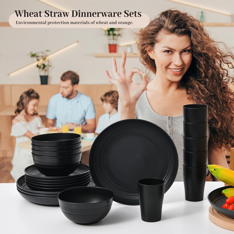 32 Piece Wheat Straw Dinnerware Set - Black Plates and