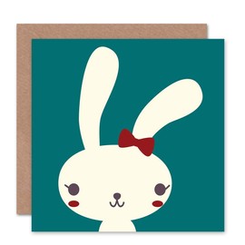 Girl Bunny Teal Cute Happy Bow Easter Birthday Art Sealed Greeting Card Plus Envelope Blank inside