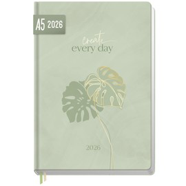 Häfft - Timer Book Calendar 2026 A5 "Green Monstera" January - December 2026, Hardcover Calendar, Diary A5 for Young Adults - Sustainable & Climate Friendly
