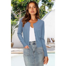 Newshows Women's 2024 Lightweight Button Down Long Sleeve Fall Fashion Crew Neck Soft Knit Cardigan Sweater Tops(Gray Blue 02,Small)