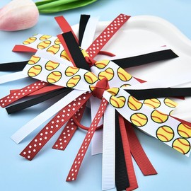 2Pcs Softball Hair Accessories for Women Elastic Hair Ties Softball Ribbon Ponytail Streamers Red Cheer Hair Bows Cheerleading Hair Scrunchie Tassel Rubber Bands Softball Game Day Party Decoration