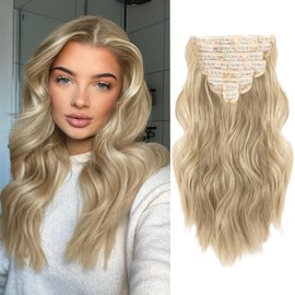 Hair Extensions for Women, 8PCS 16 Inch Ash Blonde Mixed Light Blonde Clip in Hair Extensions Clip Ins, Synthetic Wavy Full Head Thick Hairpieces for Women