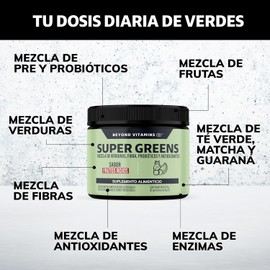 **Beyond Vitamins | Super Greens Jugo Verde en Polvo con Té Matcha, Espirulina, Té Verde, Espinaca, Clorofila, Moringa, Melena de León, Enzimas Digestivas, Probióticos y más | Super Blend Sabor Frutos Rojos | 30 Porciones**
