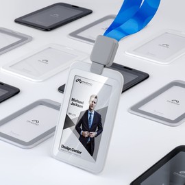 Phomo Self Retractable ID Badge Holders with Carabiner Reel Clip and Badge Lanyard, Heavy-Duty ID Card Holder for Neck, Vertical Style Transparent Hard Accessories Clear, (Holds 1to 2 Cards) (Grey)