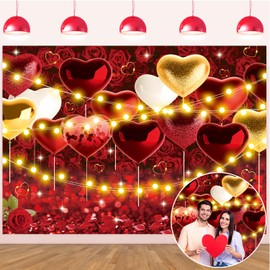 Valentine's Day Backdrop Glitter Red Love Heart Balloons Rose Floral Wall Photography Background for Wedding Anniversary Bridal Shower Engagement Birthday Party Decoration Banner (7x5FT: 84x60 inch)