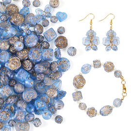 Beadthoven 100G Assorted Vintage Acrylic Beads - Transparent Flower Leaf, Gold Plated Bohemia Aesthetic Imitated Czech Beads for Jewelry Making - Bracelet, Necklace, DIY Crafts - Light Blue