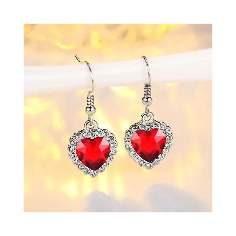 Dtup Conjunto De Joyería Corazón Rojo Rubí + Aretes Plata